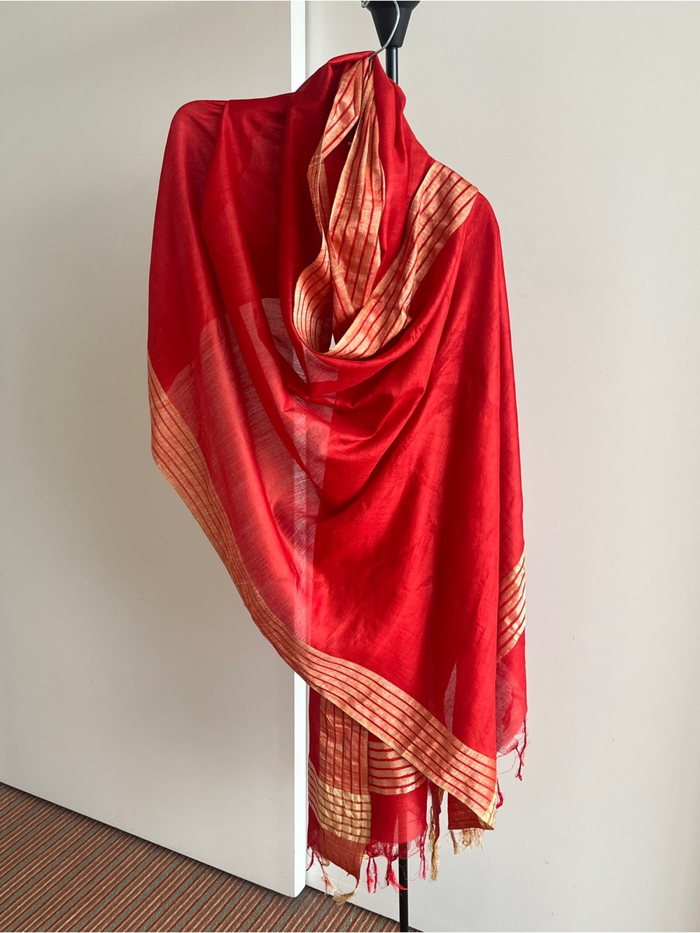 FabIndia Style Silk Wedding Dupatta Scarf Red w Gold Zari Border 35" x 101"o